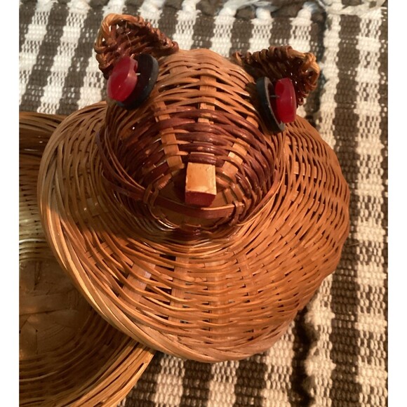 Cute Natural Color Kitty Cat Kitten Woven Basket Removable Lid Red Button Eyes - Picture 7 of 14